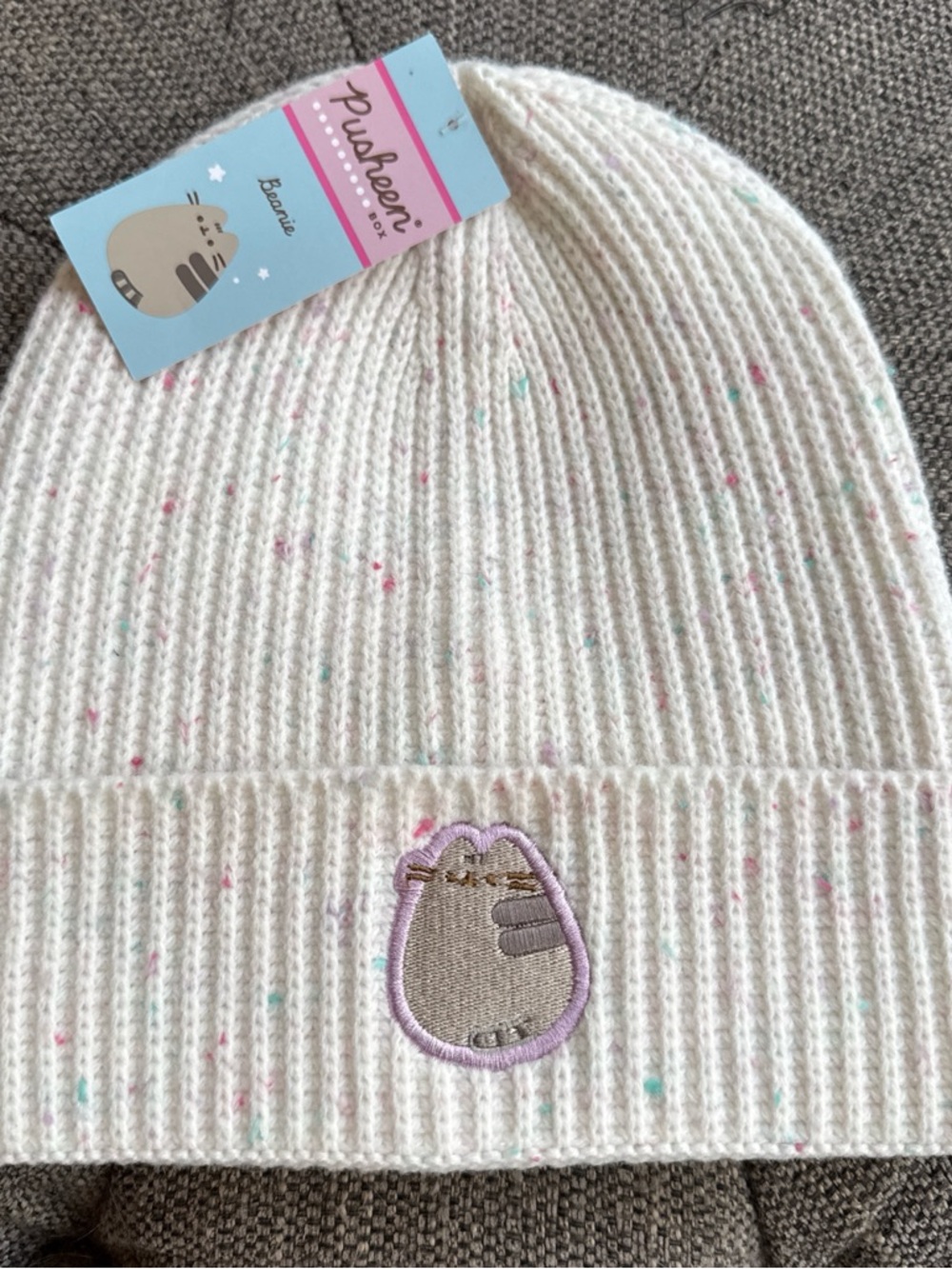 Pusheen Cream Knit Beanie with Pastel Pink & Mint Speckles